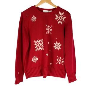 Vintage Liz Claiborne Ugly Christmas Sweater Women XL Red Snowflakes 100% Cotton